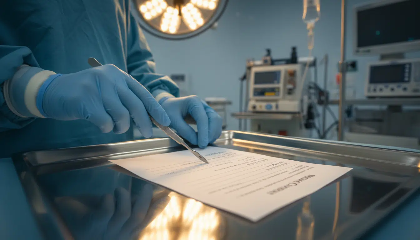 Mains de chirurgien avec scalpel et formulaire de consentement