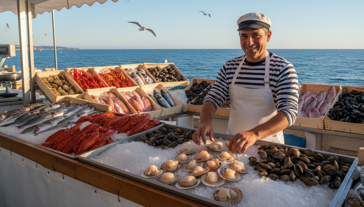Poissonnier normand arrangeant coquilles Saint-Jacques et palourdes