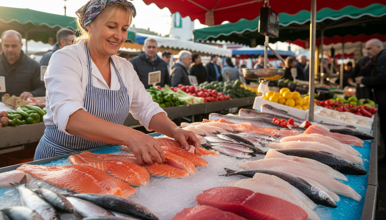Poissonnière française avec différentes espèces de poisson sur étal