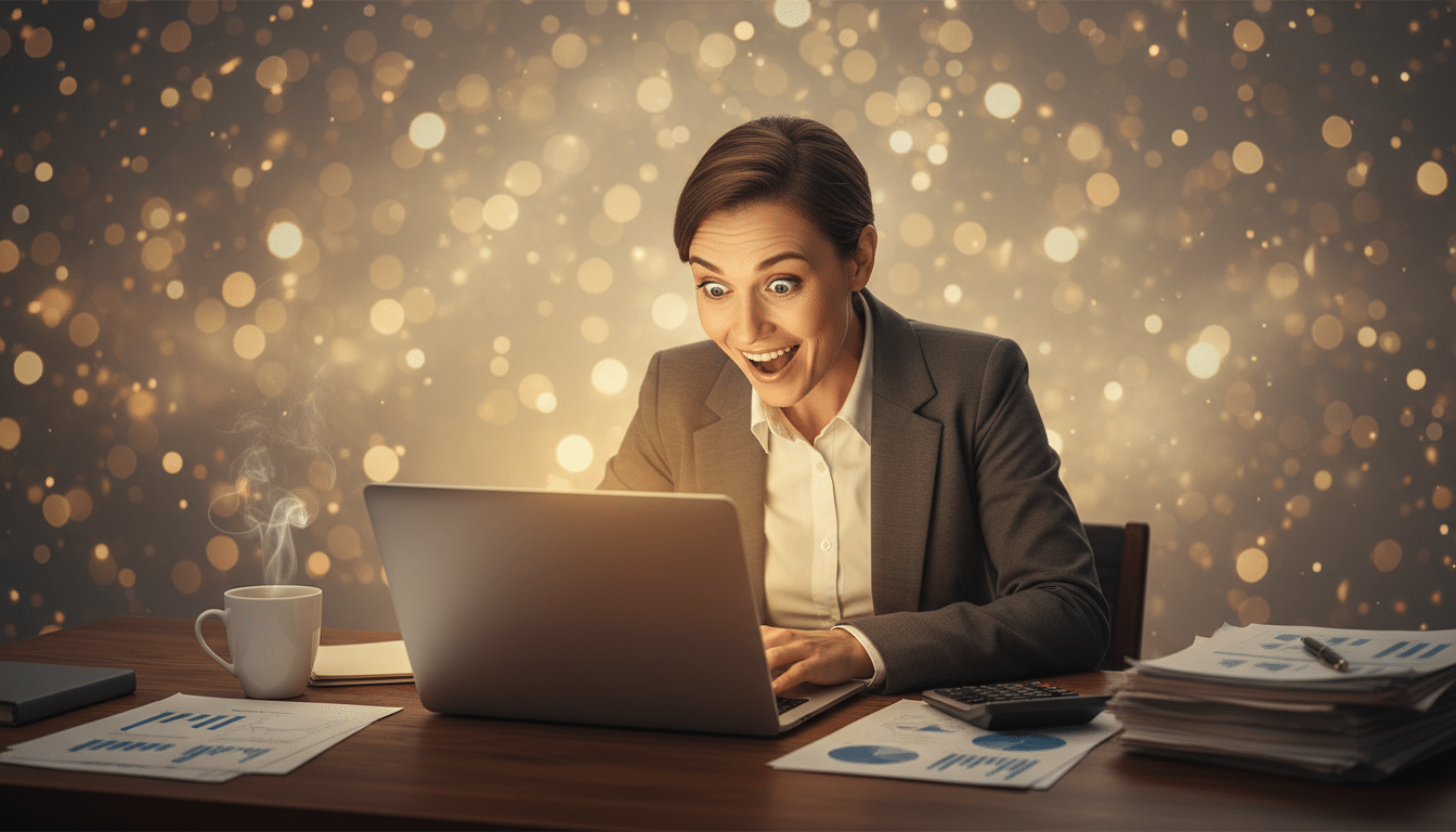 Personne enthousiaste devant son ordinateur pour ses finances