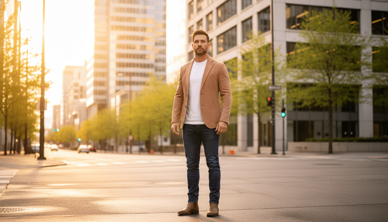 Homme confiant dans une rue ensoleillée au printemps