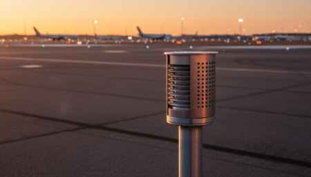 Capteur météo sur le tarmac d'un aéroport au crépuscule