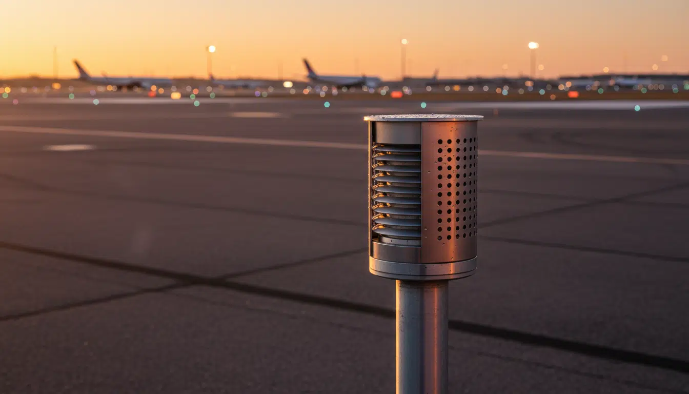Capteur météo sur le tarmac d'un aéroport au crépuscule
