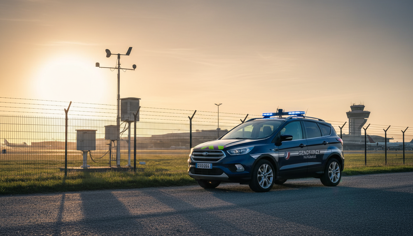 Véhicule de gendarmerie près d'un capteur météo aéroportuaire