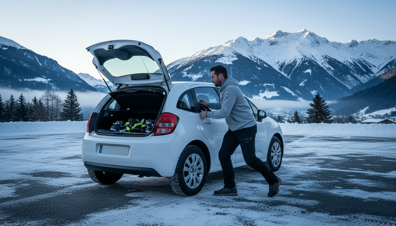 Pompier chargeant des skis dans sa voiture en montagne