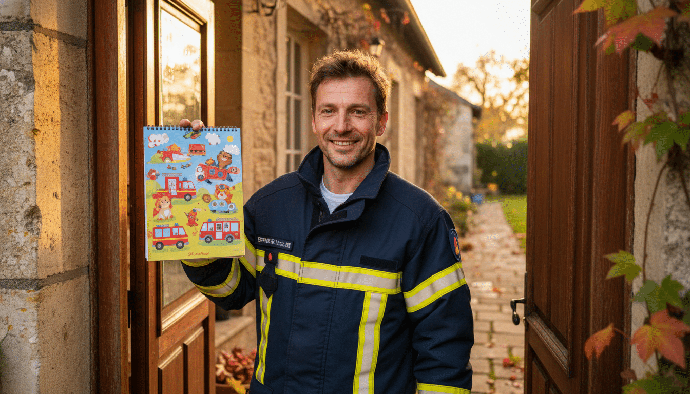 Pompier français souriant avec un calendrier à la main