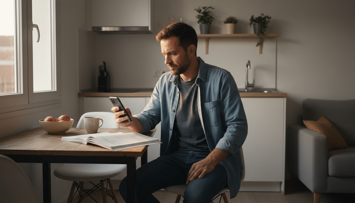 Pompier grenoblois qui examine son budget mensuel