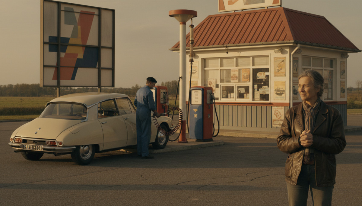 Pompiste en uniforme remplissant une voiture rétro, station-service années 70.