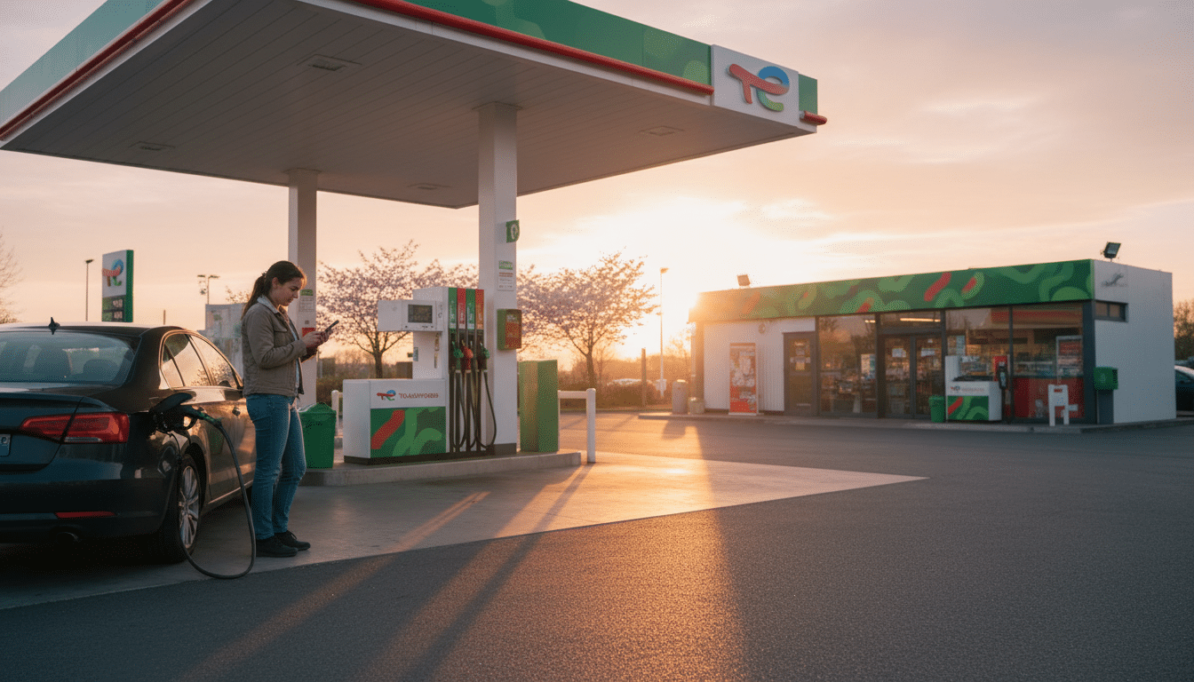 Automobiliste vérifiant les prix du carburant en station