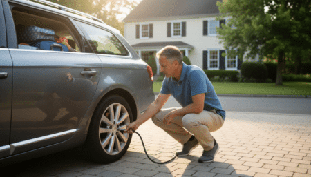 Automobiliste vérifiant la pression des pneus avant le départ