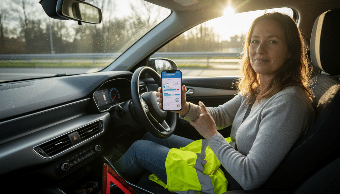 Conductrice consultant le MVA sur smartphone avec gilet jaune
