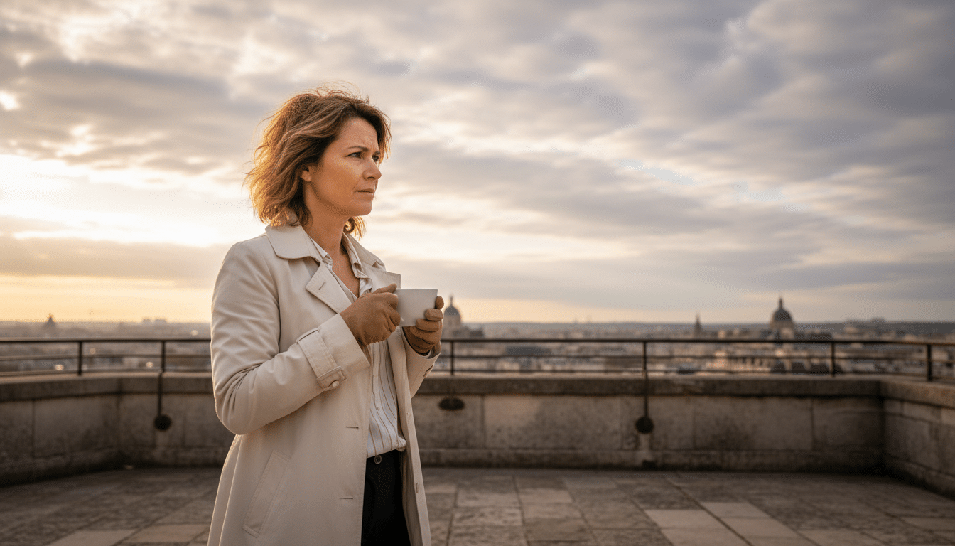 Femme sur une terrasse scrutant un ciel nuageux de printemps
