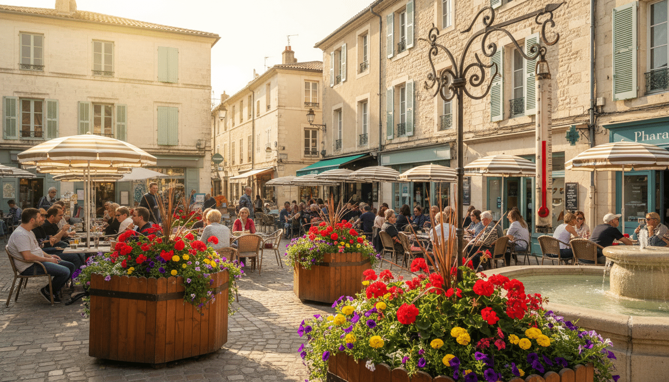 Terrasses de café ensoleillées en France début mai