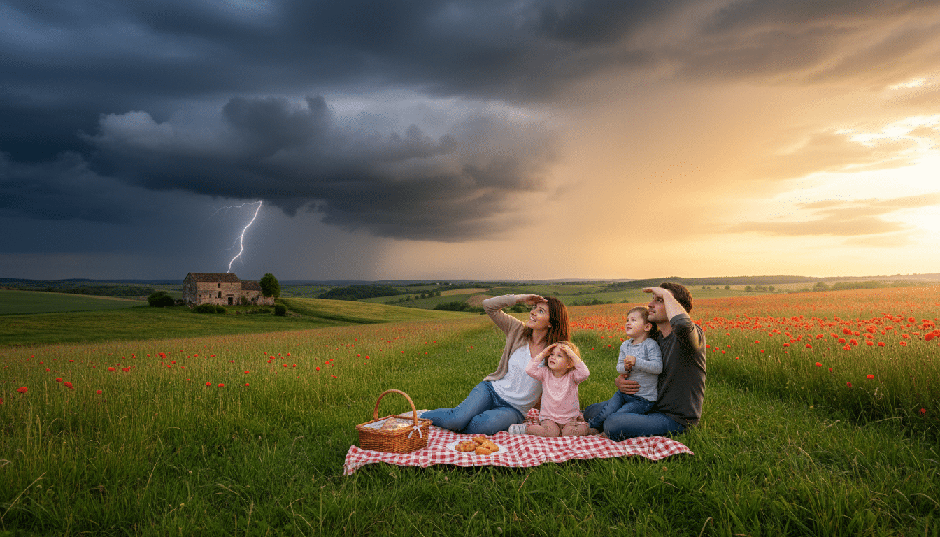 Ciel partagé entre orage et soleil sur la campagne française