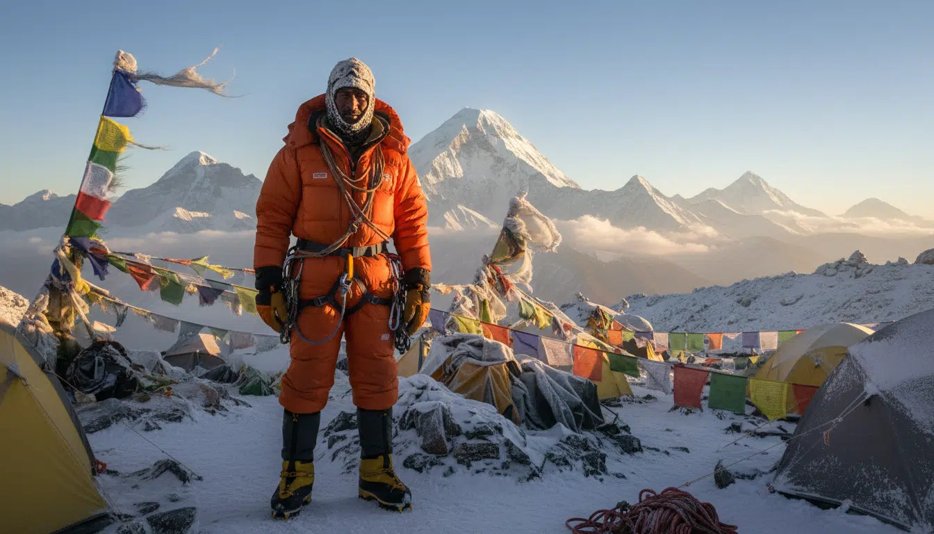 Sherpa népalais en tenue d'alpinisme sur l'Annapurna