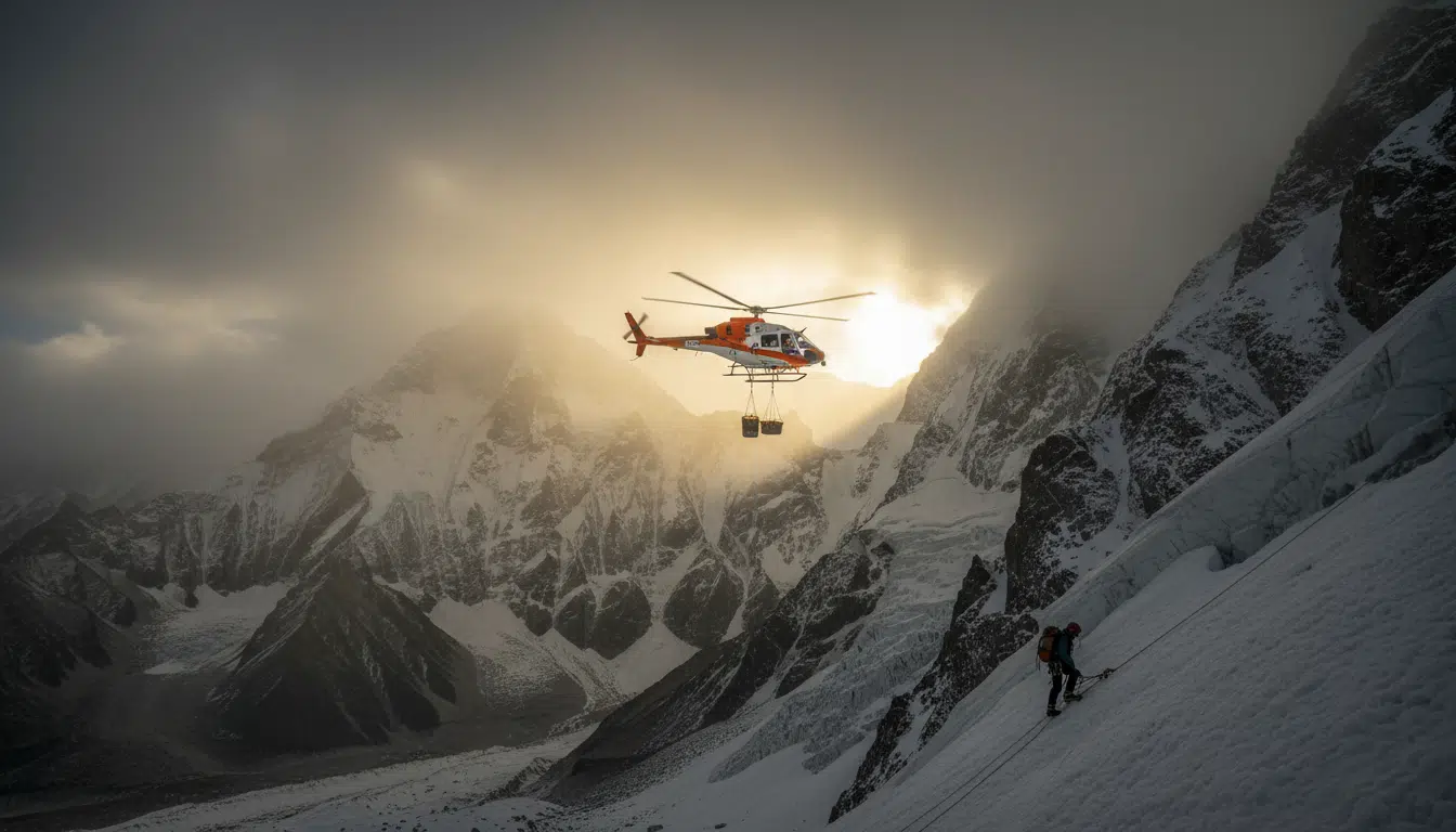 Hélicoptère de secours près d'une paroi glacée en Himalaya