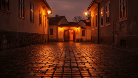 Rue de Niš en Serbie au crépuscule avec porte d'auberge ouverte