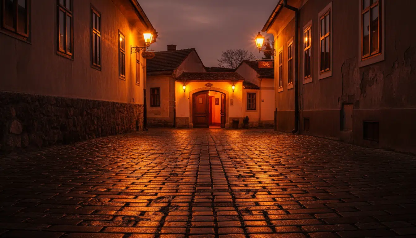 Rue de Niš en Serbie au crépuscule avec porte d'auberge ouverte