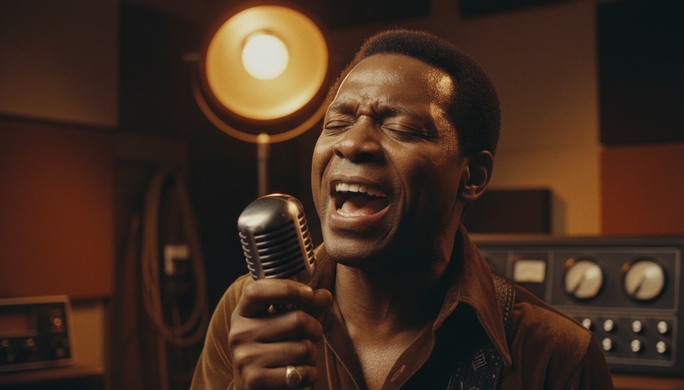 Portrait de Marvin Gaye chantant en studio dans les années 70