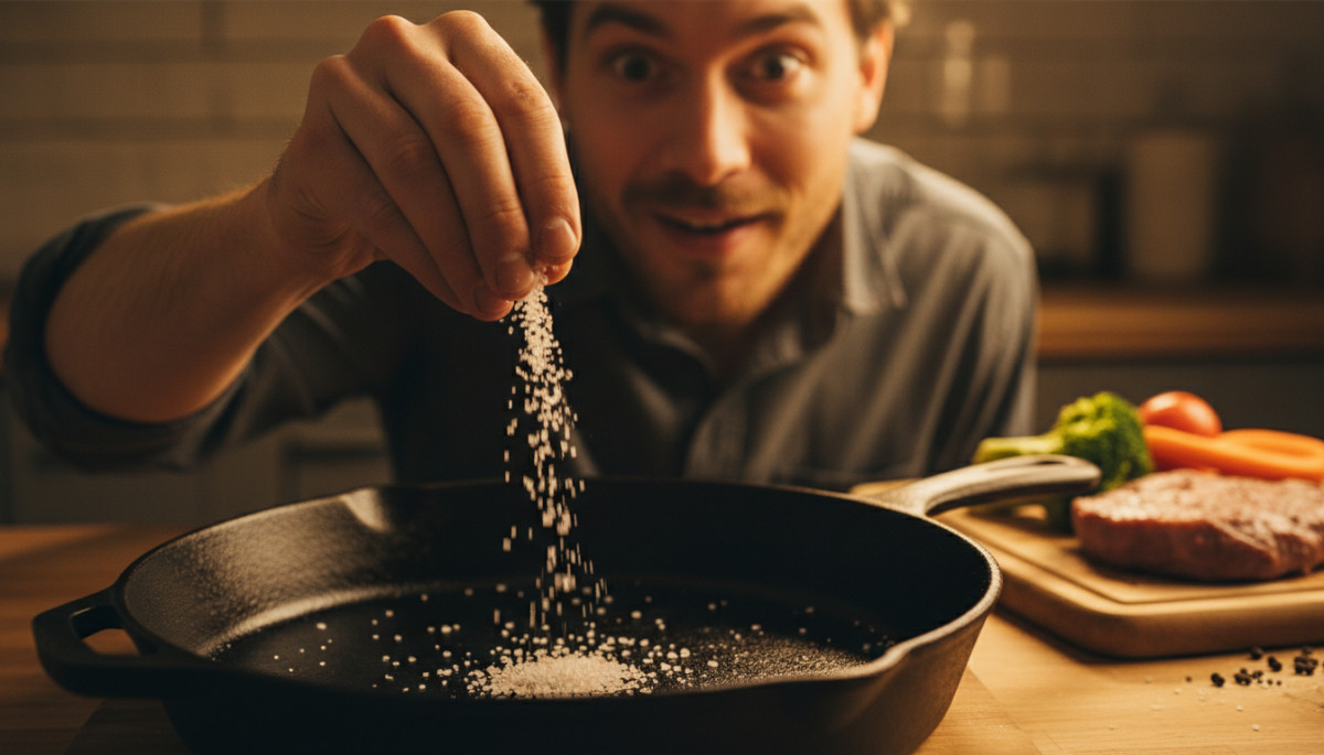 Pose du gros sel dans le fond de ta poêle avant de cuire : ce que ça fait à tes aliments va t'épater