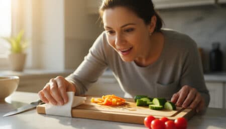 Pose un essuie-tout humide sous ta planche à découper : ce que ça change en cuisine va te surprendre