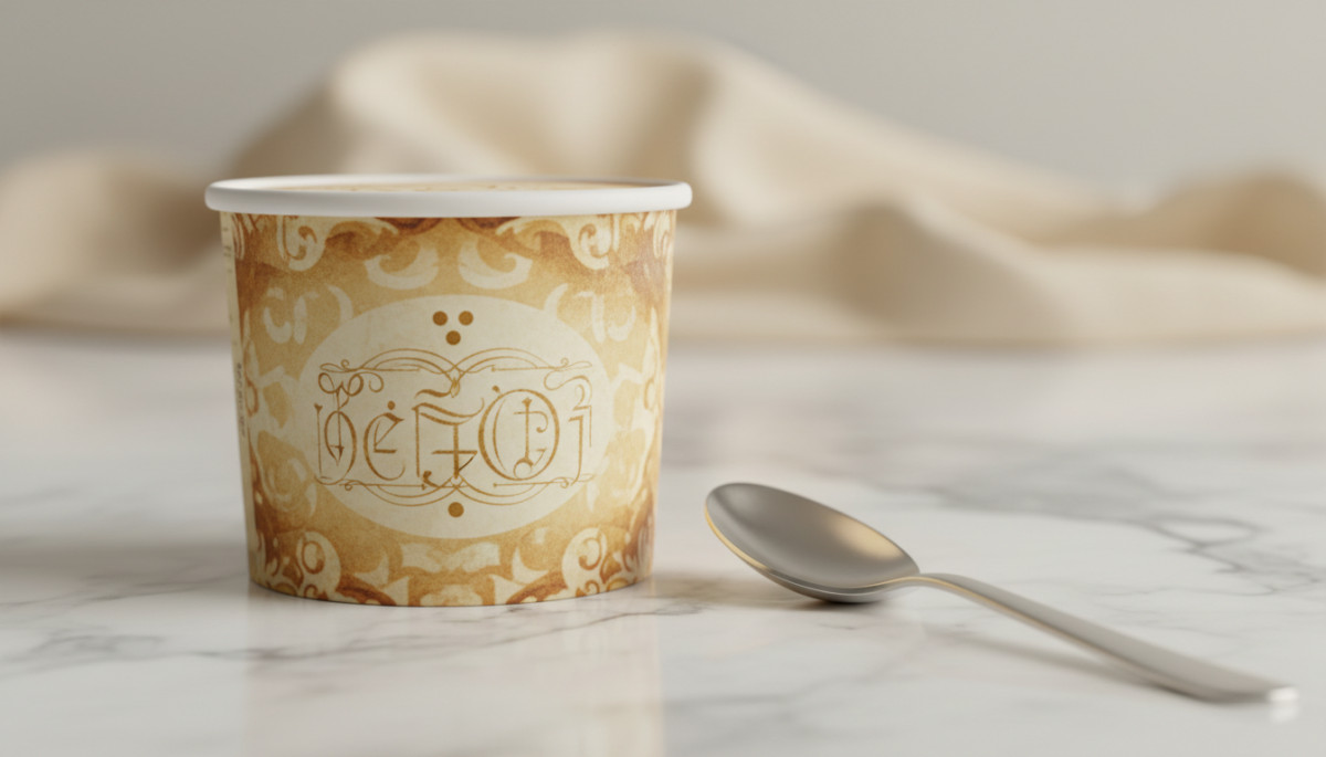 Pot de glace Häagen-Dazs avec tréma sur étiquette vintage