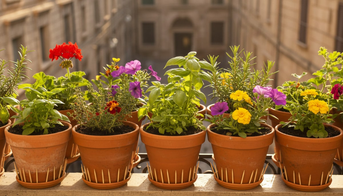 Pots de fleurs surélevés sur un balcon ensoleillé