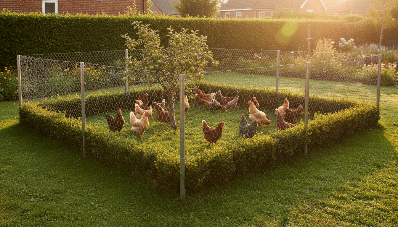 Enclos clôturé avec poules dans un jardin aménagé