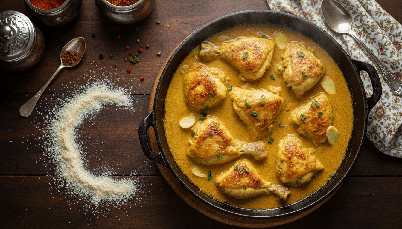 Poulet korma crémeux dans une poêle en fonte