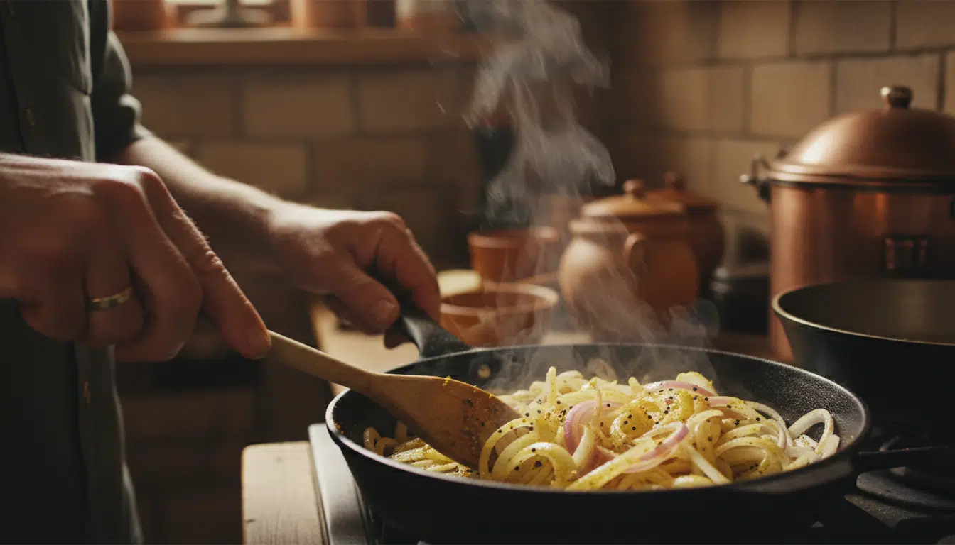 Oignons et épices dorées dans une poêle