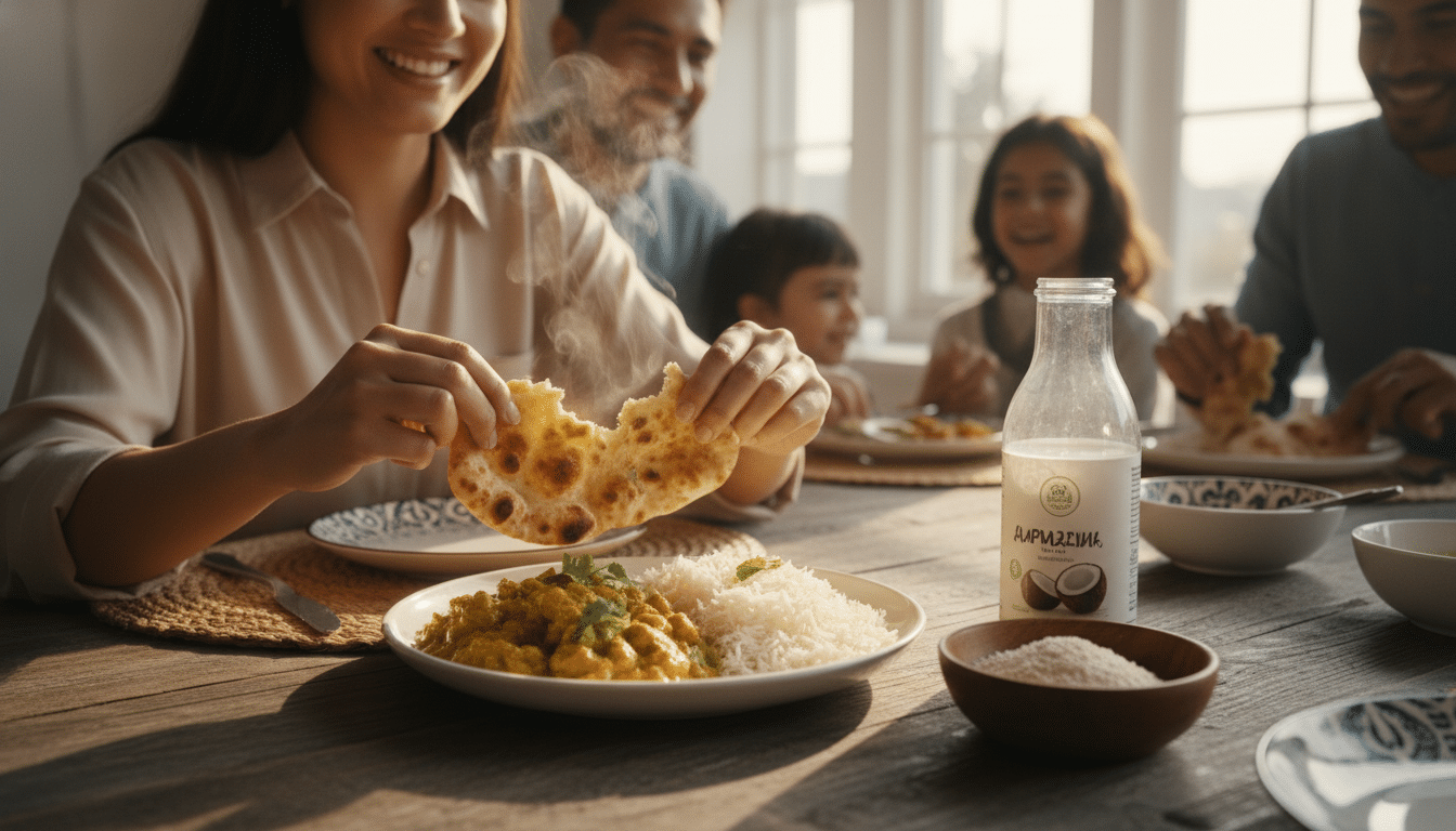 Repas poulet korma avec naan et riz basmati