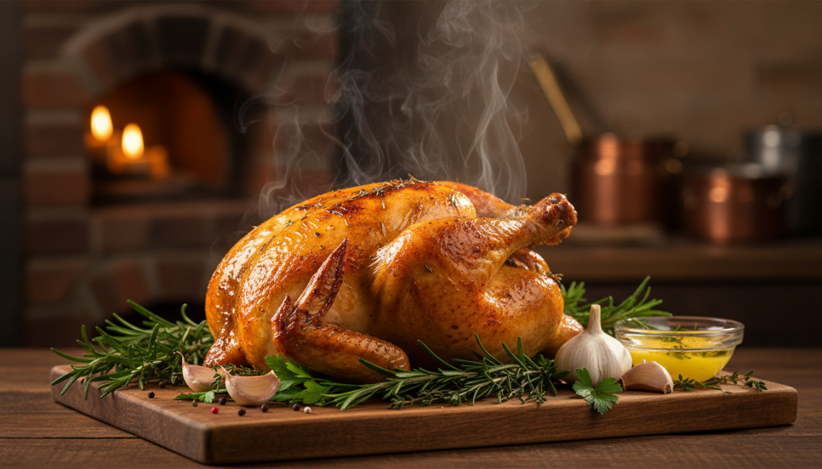 Poulet rôti doré sorti du four avec herbes