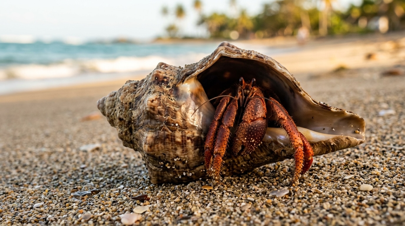 Bernard-l'hermite terrestre dans sa coquille remodelée sur une plage