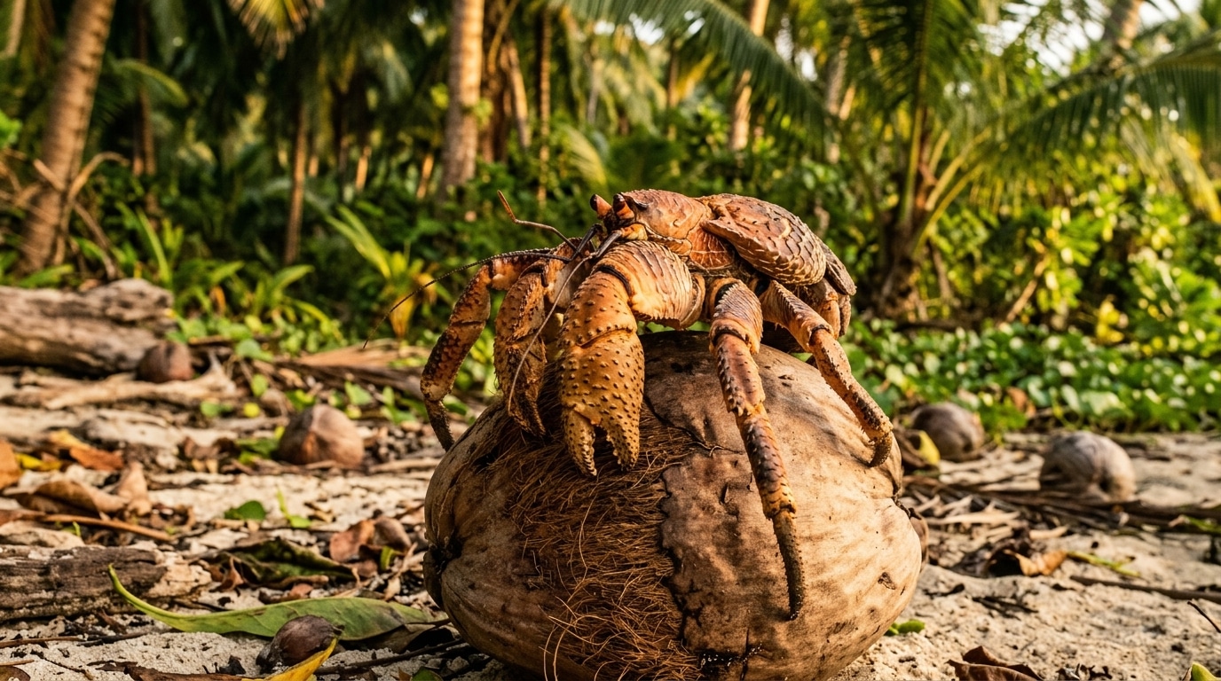 Crabe des cocotiers géant sans coquille sur une île tropicale