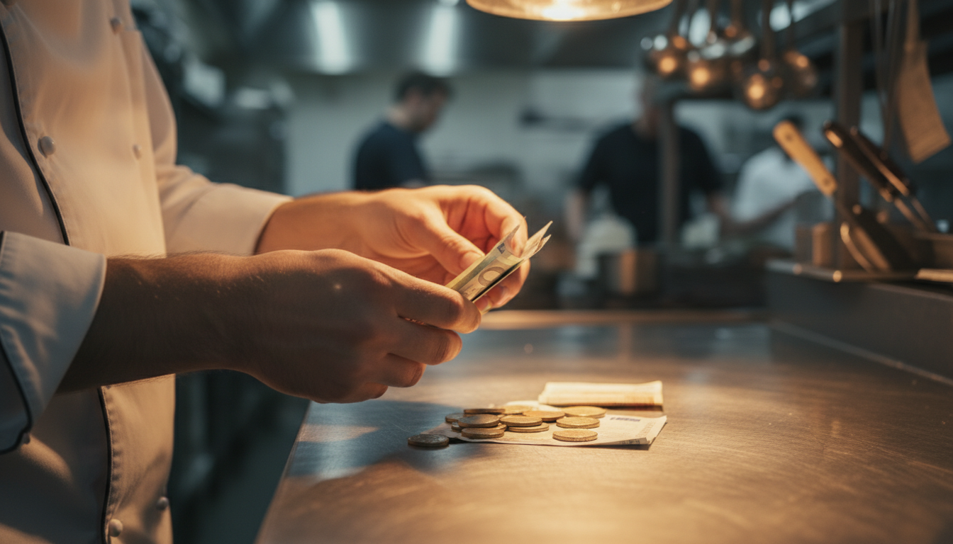 Serveur comptant des pourboires en euros en cuisine