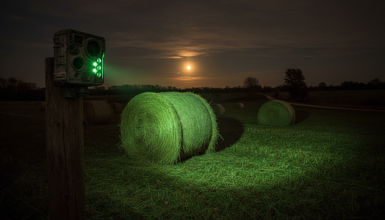 Caméra de chasse installée de nuit dans un pâturage