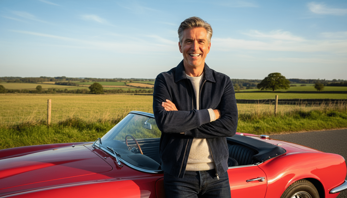 Présentateur automobile devant une voiture de sport
