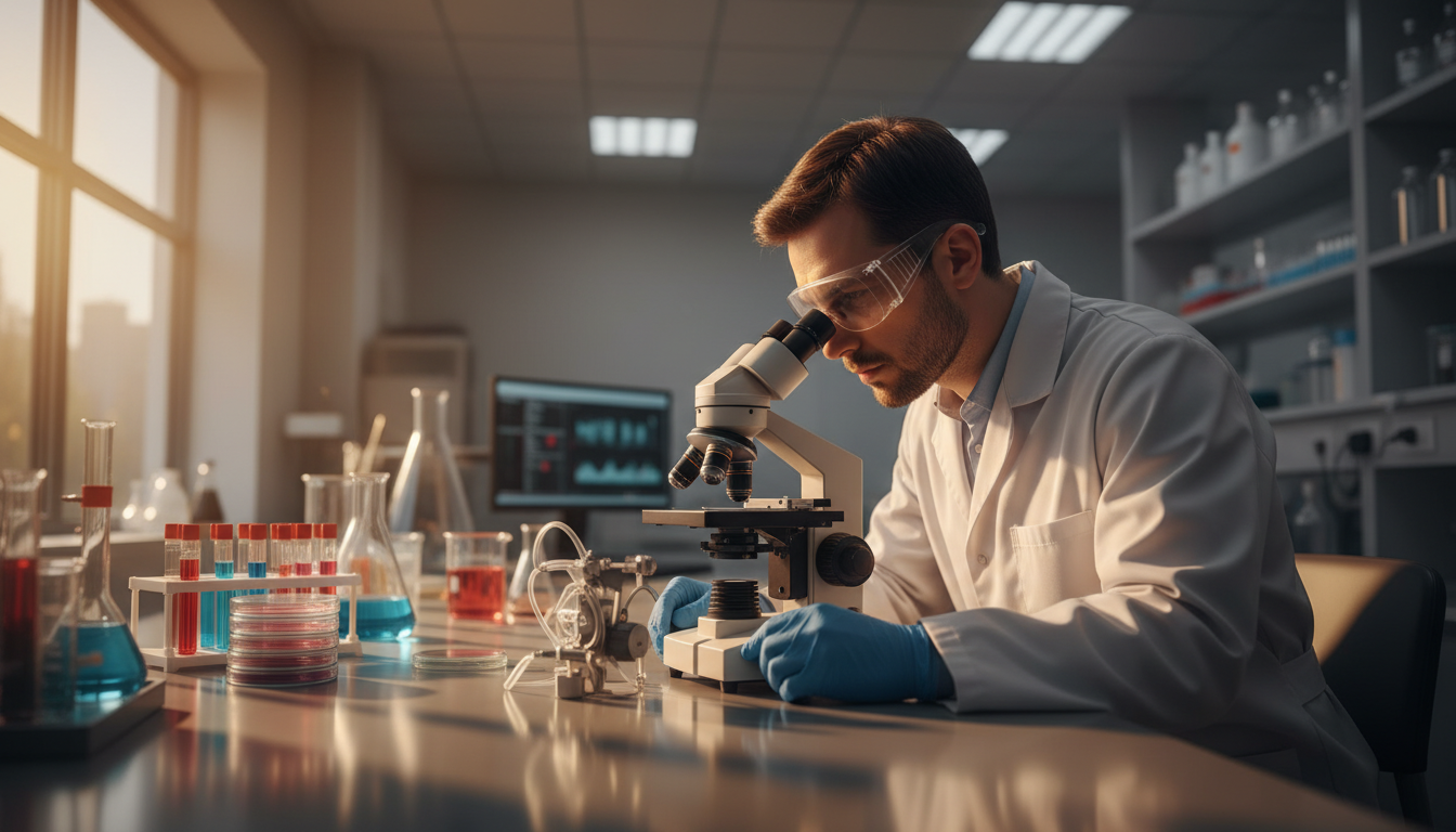 Technicien analysant un dispositif médical en laboratoire