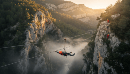Homme suspendu sur une tyrolienne au-dessus des gorges à l'aube