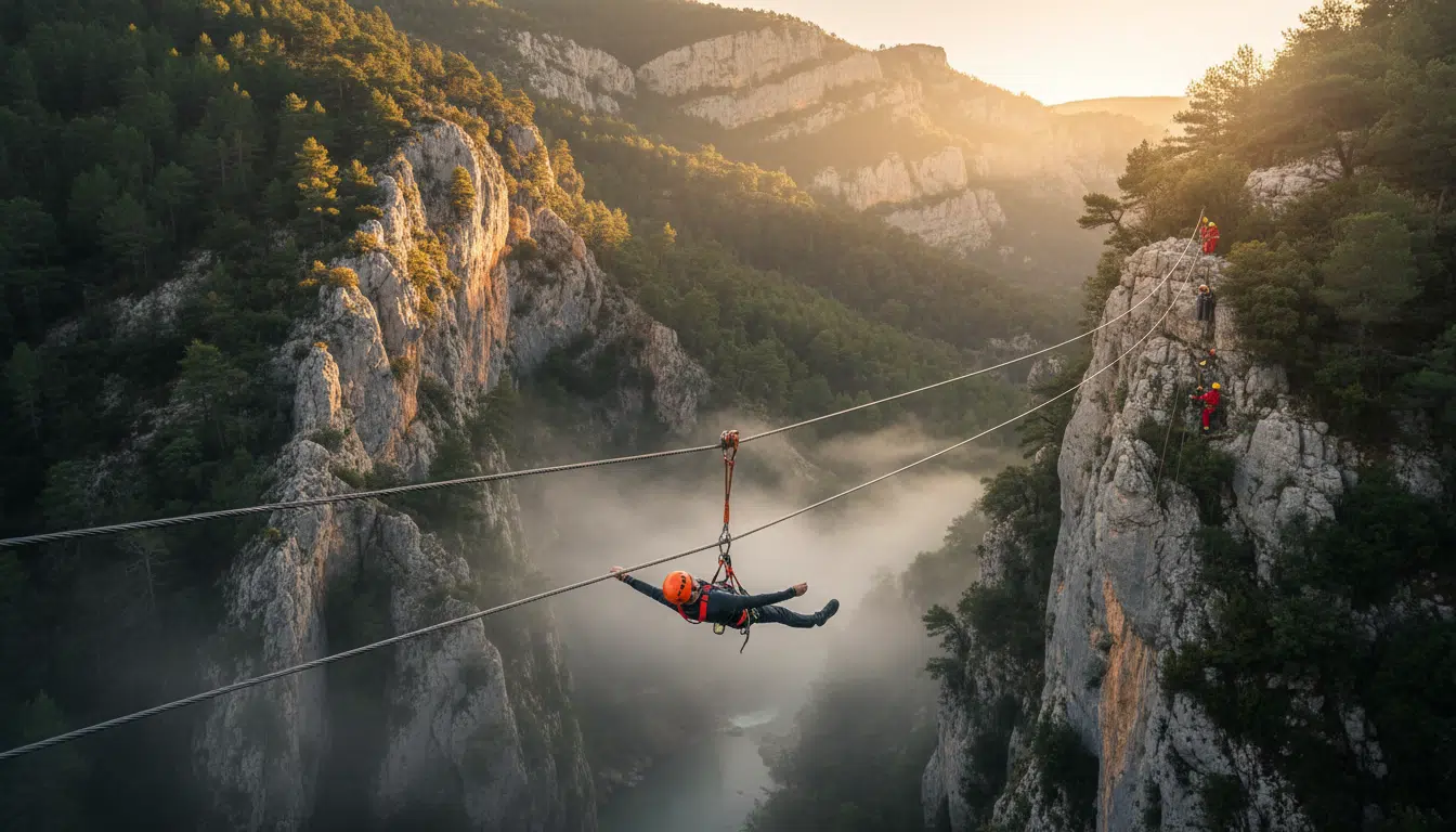 Homme suspendu sur une tyrolienne au-dessus des gorges à l'aube