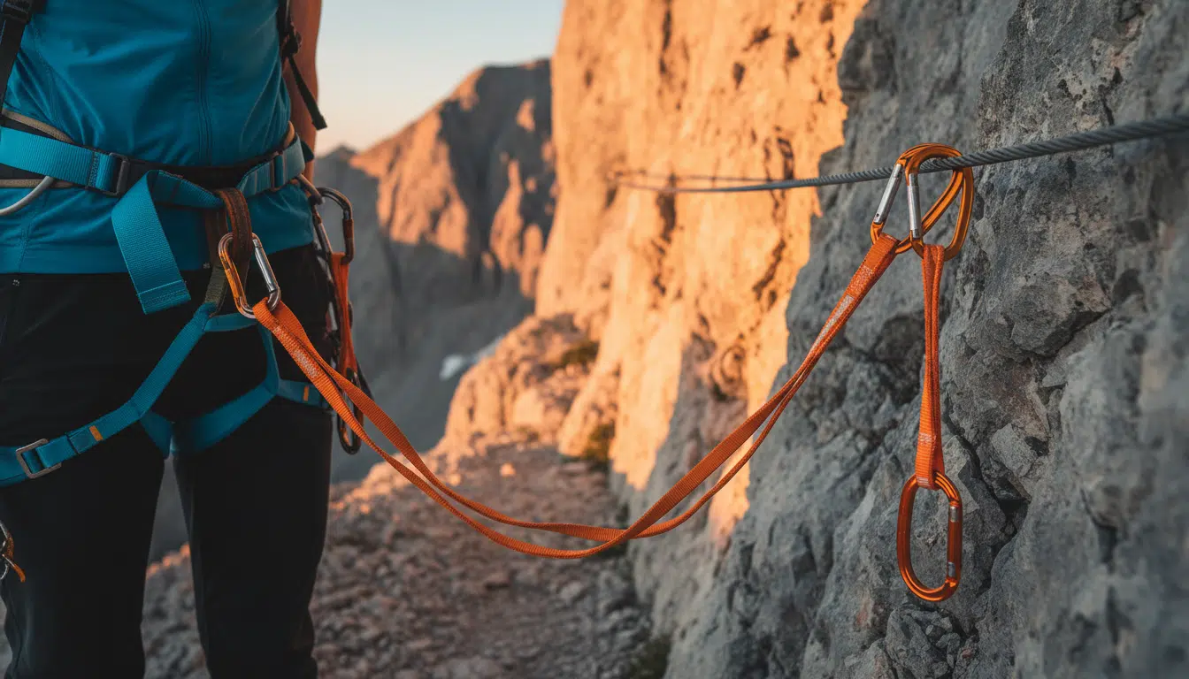 Baudrier et longe accrochés à un câble de via ferrata
