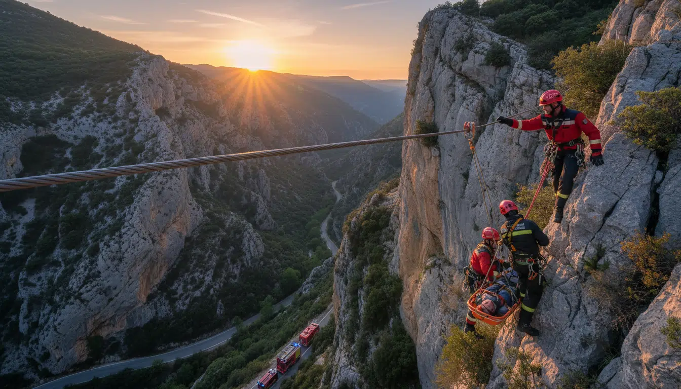 Pompiers intervenant sur une paroi rocheuse pour un sauvetage