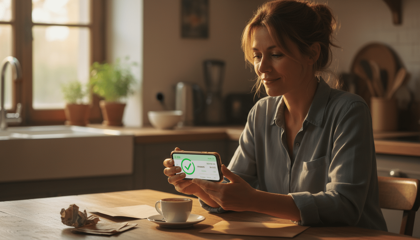 Femme consultant son virement CAF sur smartphone