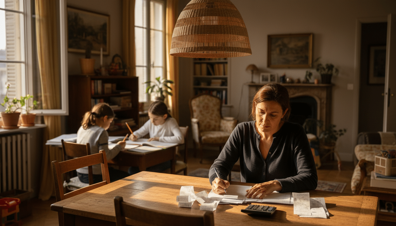 Mère calculant ses allocations familiales et scolaires