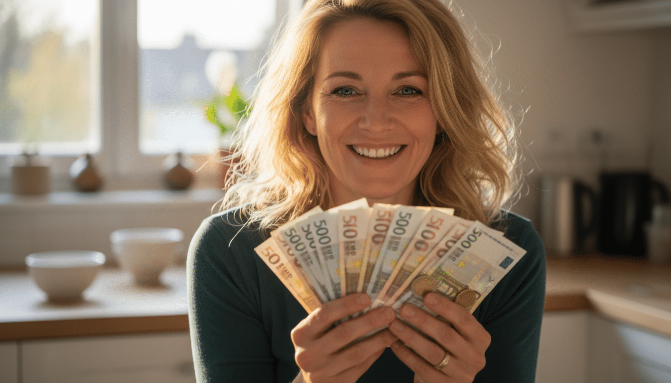 Femme souriante tenant des billets d'euros dans la lumière
