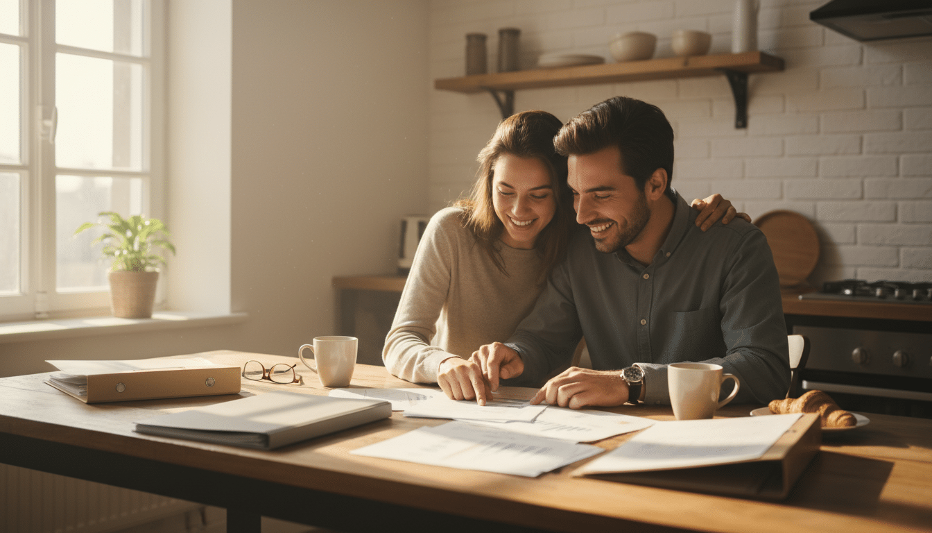 Couple regardant des documents financiers ensemble