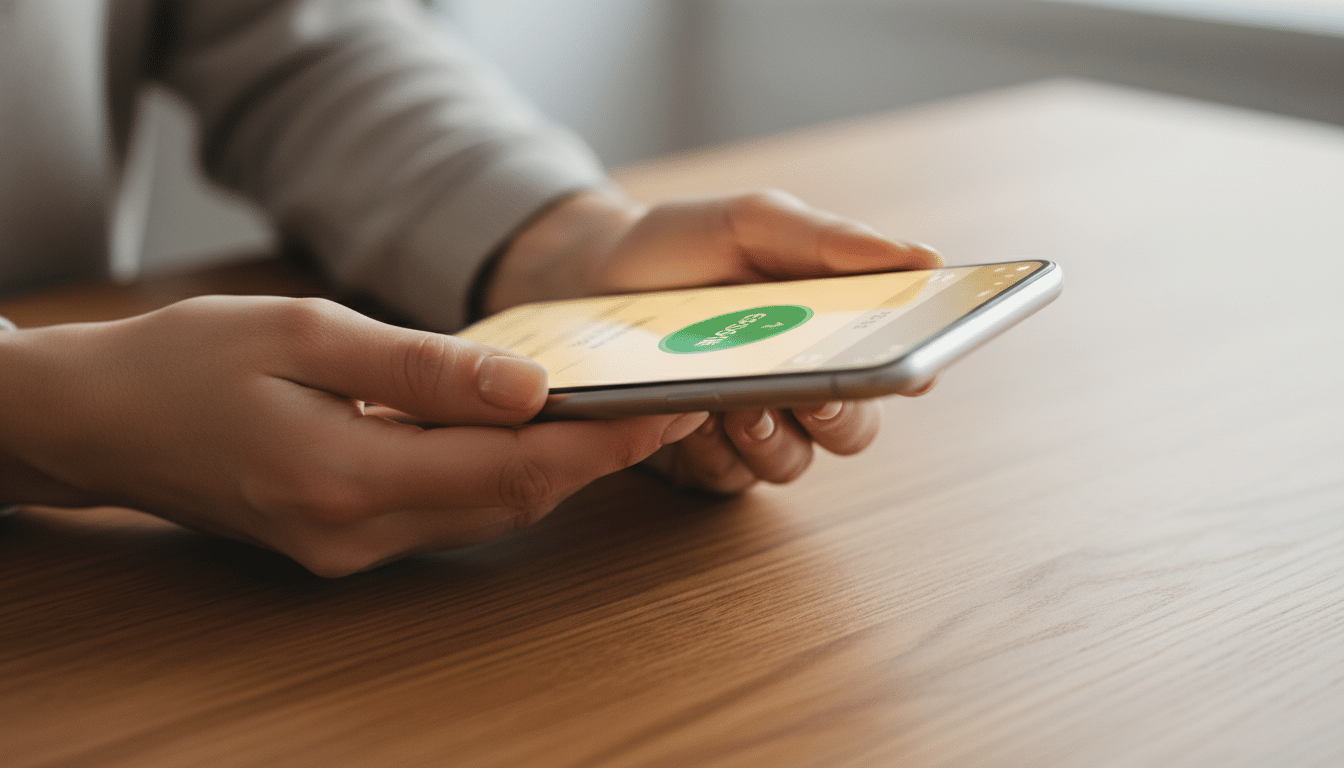 Mains tenant un smartphone avec notification bancaire positive