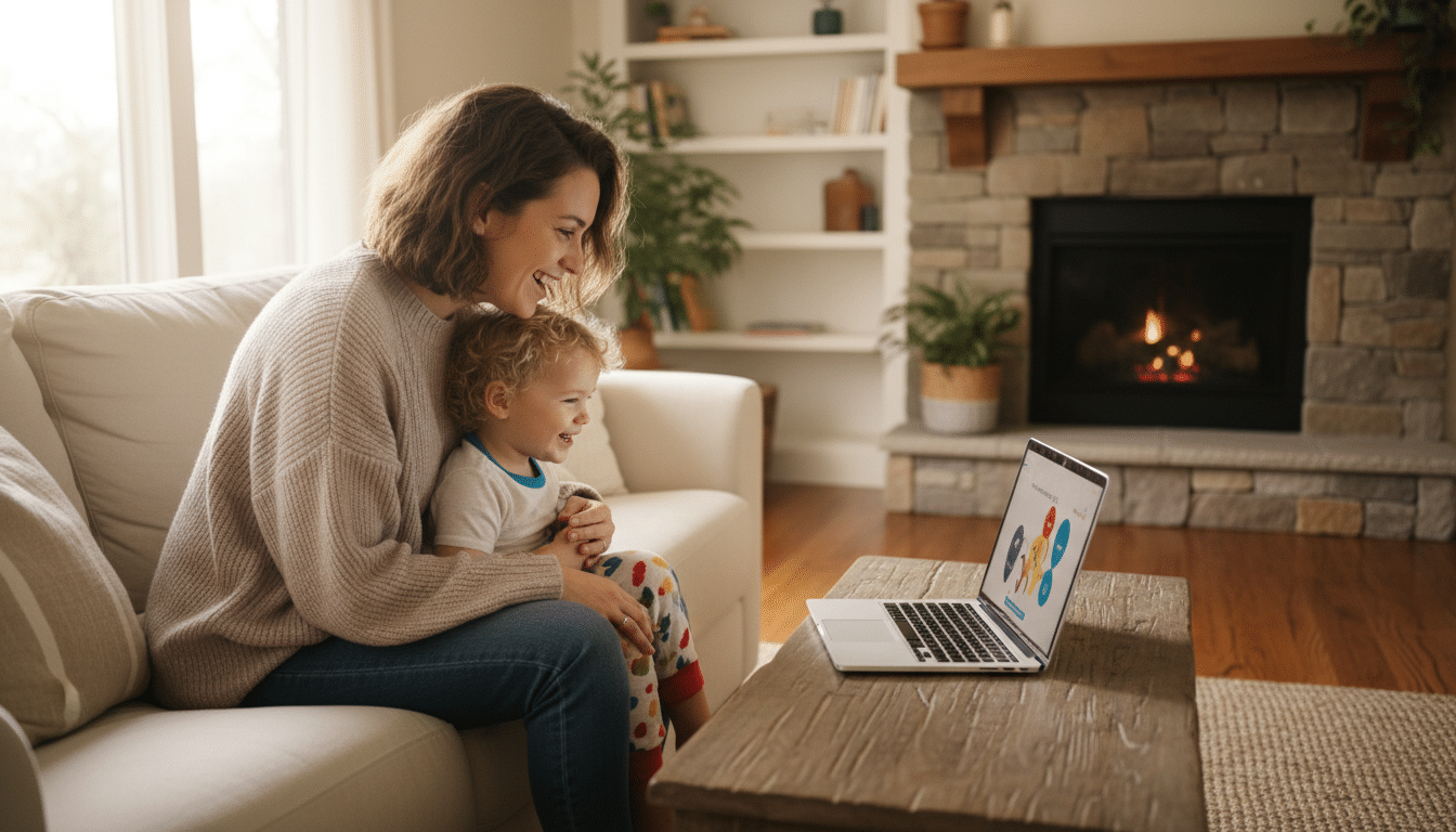 Mère souriante avec son enfant devant un ordinateur