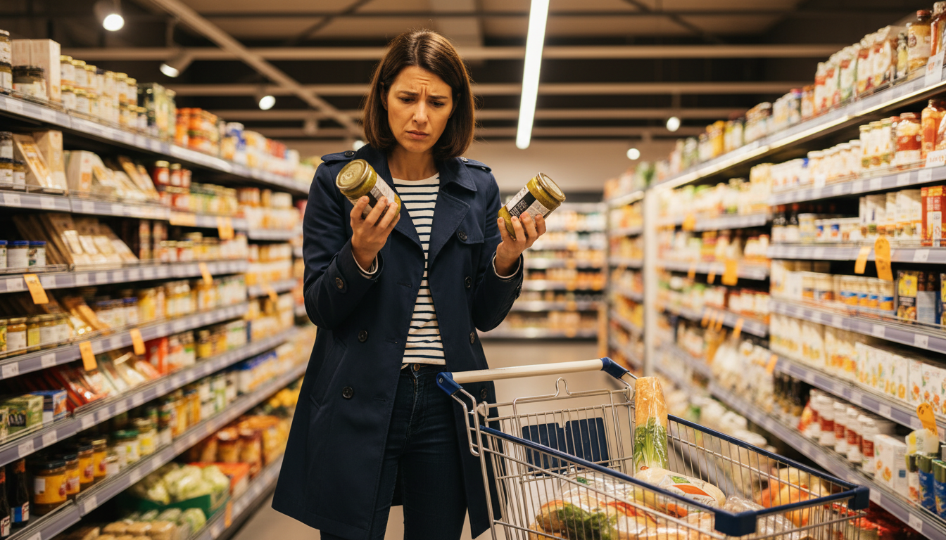 Femme comparant les prix au supermarché face à l'inflation