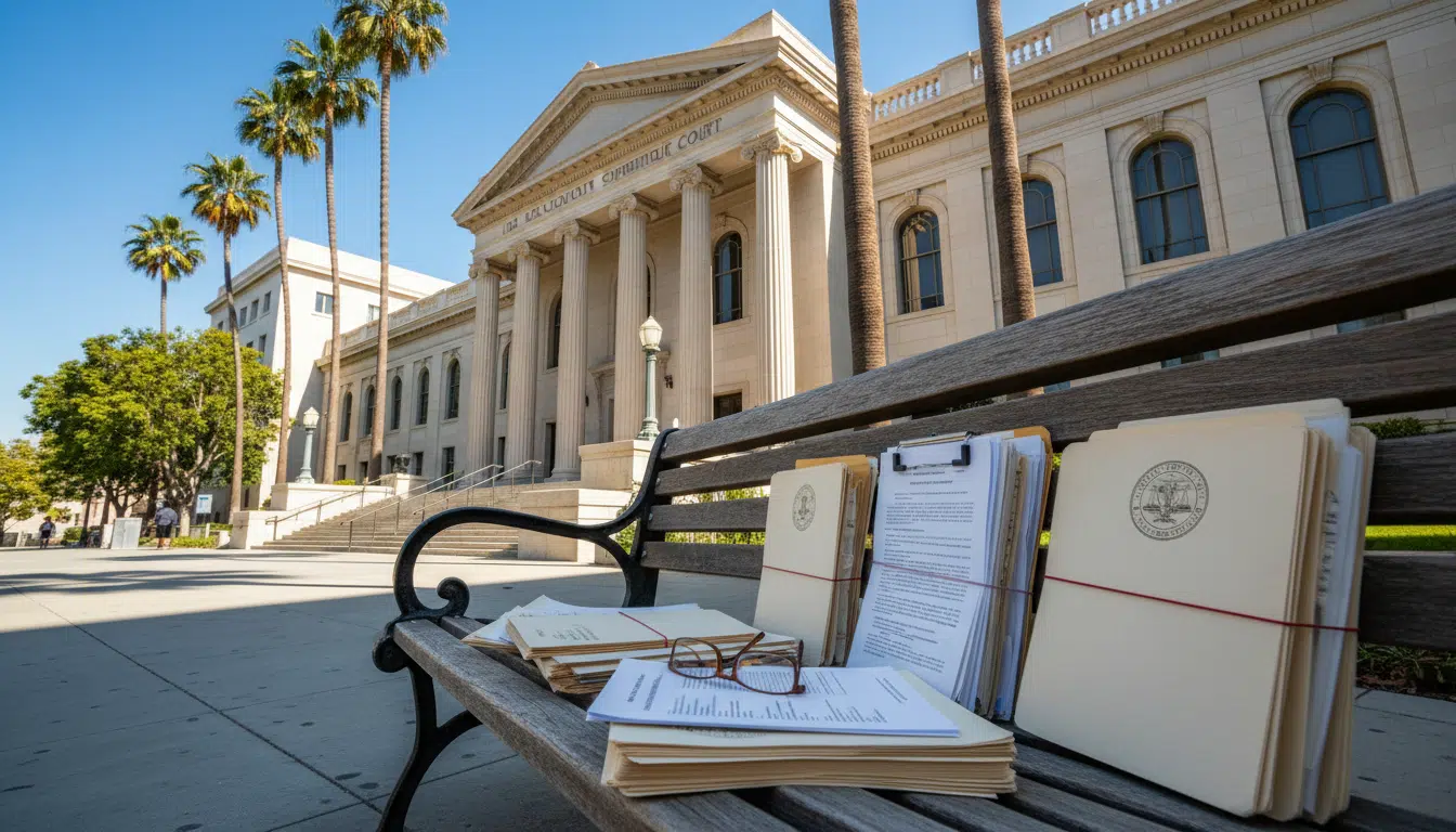 Tribunal de Los Angeles avec documents juridiques au premier plan